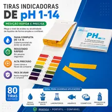 Teste de pH | Fitas Indicadoras de pH 1-14 | Papel Medidor de Acidez - 80 Unidades