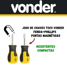 Kit 2 Chaves Toco Vonder Phillips Fenda Cabo Emborrachado Curto e Ponta Magnética Aço Cromo Vanádio
