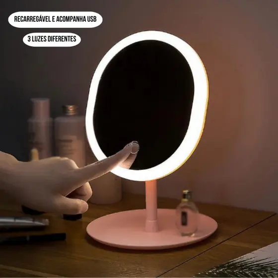 Espelho Maquiagem Base Suporte Acessórios USB Recarregável Mesa Luz Claro Led Portátil Ajustável Oval Retangular