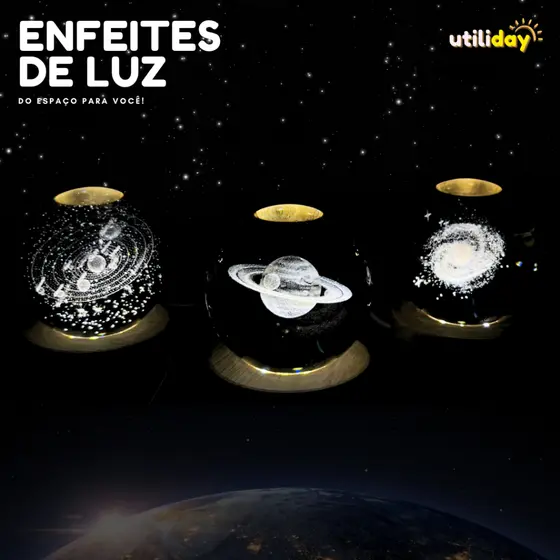 Luminária Bola de Cristal 6cm Led Mesa Globo 3d Base Madeira Decoração Abajur Presente Enfeite Lua Luz