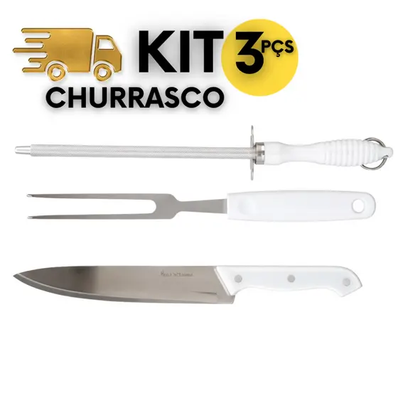 Kits de 3 Itens de Churrasco 1 Faca + 1 Garfo + 1 Chaira/Amolador/Afiador