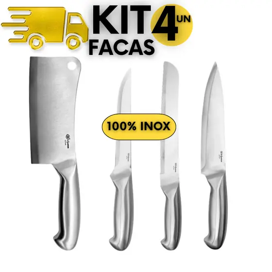 Facas 100% Inox Cutelo + Pão+ Desossa + Peixeira | Conjunto Jogo de Facas Profissionais