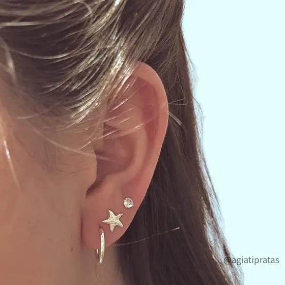 Brincos Trio de prata 925 legítima kit 3 pares argola estrela do mar e ponto luz zircônia