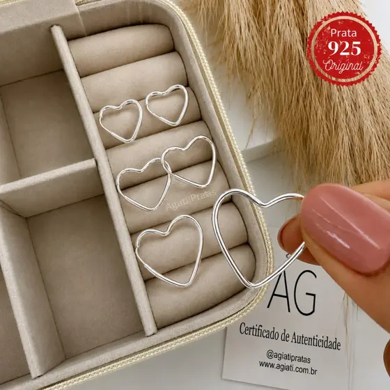 Kit Brinco de Argola Coração em Prata Legitima 925