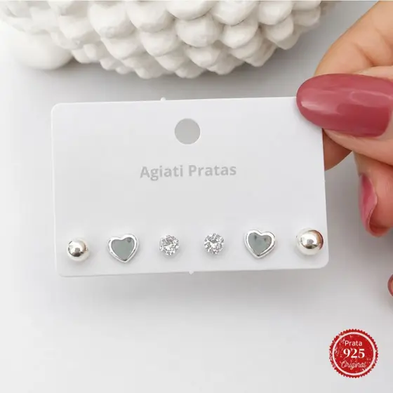 Kit Brincos em Prata 925 Delicados Minimalistas 3 Pares Coração Bolinha Ponto de Luz 3mm