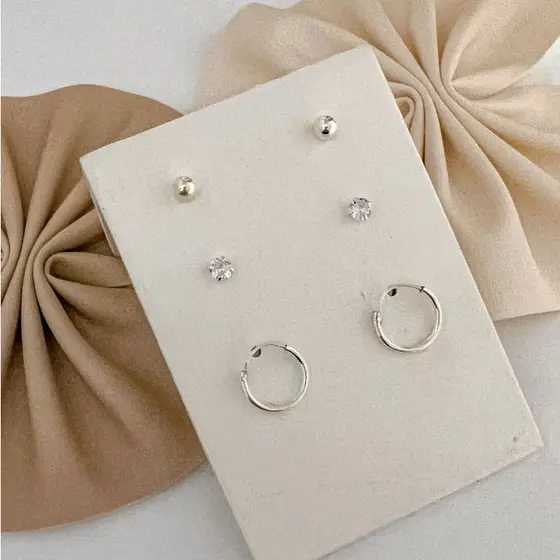 Trio de Brincos Argola 12mm Ponto de Luz Zircônia e Bolinha de Prata 925