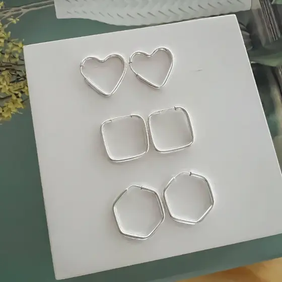Kit 3 Pares Brincos Argola 15mm em Prata 925 Argola Coração Quadrada Sextavada