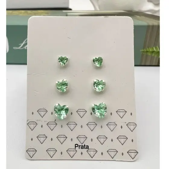 Trio Brincos de Coração de Zircônia Verde Água Claro 5, 4, 3mm em Prata 925 Legitima