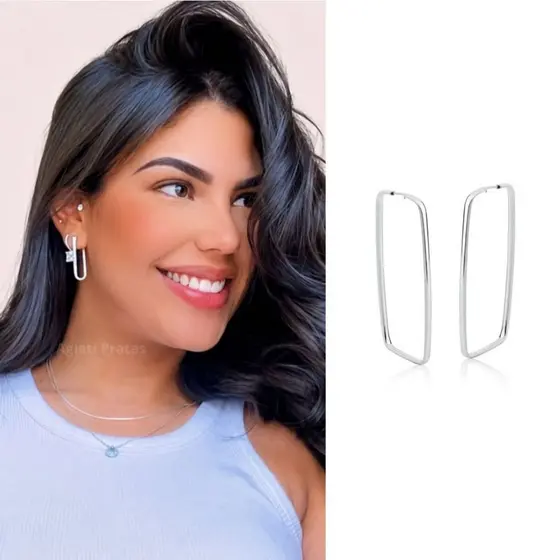 Brinco Argola Retangular Prata 925 Legitima Elegante Feminina