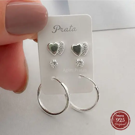 Trio de Brincos Coração Duplo Ponto de Luz e Argola Reforçada de 15mm Prata 925