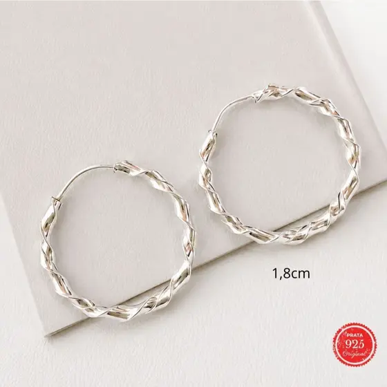 Brinco de Argola Redonda 18mm Fio Torcido em Prata 925 Legitima