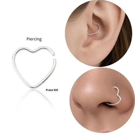 Piercing de Nariz ou Cartilagem Daith, Trágus, Hélix de Prata 925 Original Argola Coração
