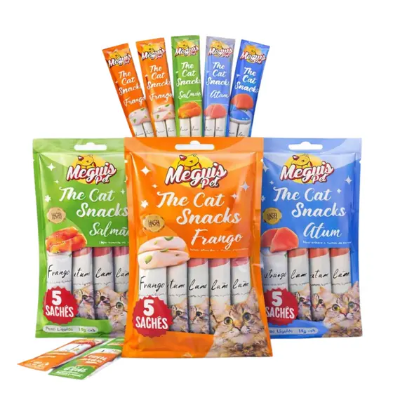 Petisco Cremoso para Gatos Tipo Churu 5 Sachês Sabores Frango Atum Salmão Snack Úmido Meguis Pet