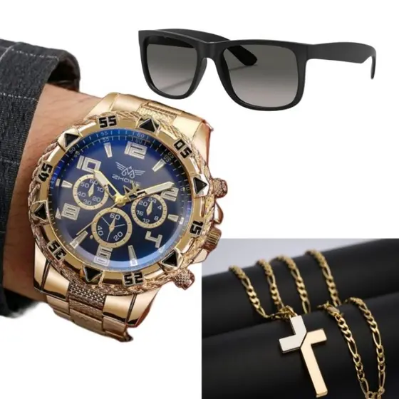 Relógio Masculino Dourado + Oculos Premium + Corrente cruz banhada para o natal