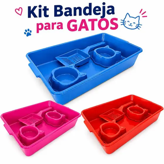 KIT BANDEJA PARA GATOS POPCAT CAIXA DE AREIA C/ PAZINHA + COMEDOURO