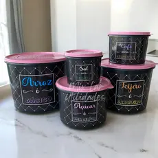 Kit Potes Mantimentos cozinha 5 peças plástico decorado porta mantimentos