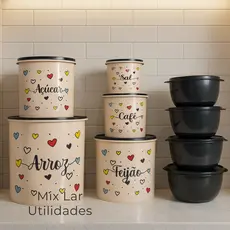 Kit de potes mantimentos 5 peças plástico + 4 potes Boll redondos para cozinha