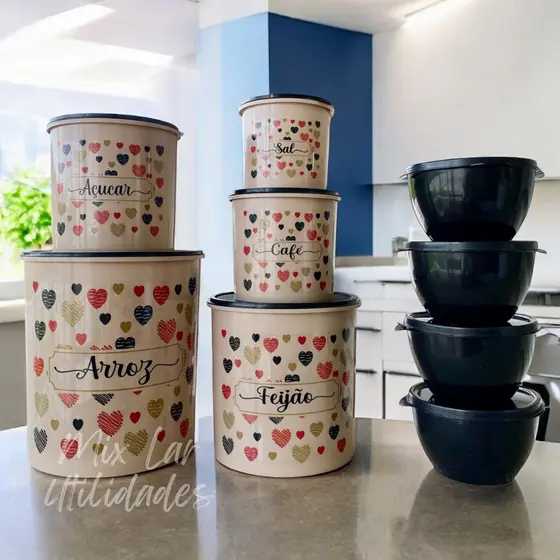 Kit de potes mantimentos com 5 peças de plástico + 4 potes Boll herméticos