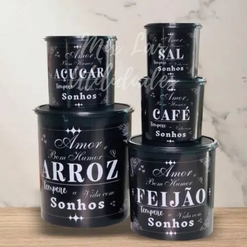 Kit 5 Potes Plásticos Redondos para Organização de Mantimentos - Arroz dos Sonhos