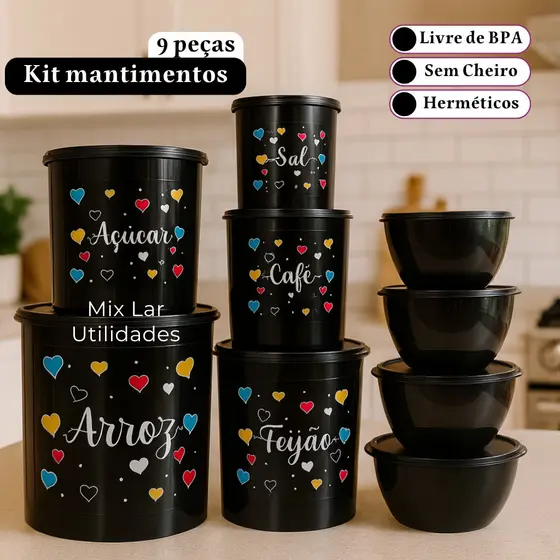 Kit de potes mantimentos para cozinha com 9 peças decorado