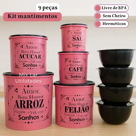 Kit potes de Mantimentos para cozinha 9 Peças em Plástico Decorado