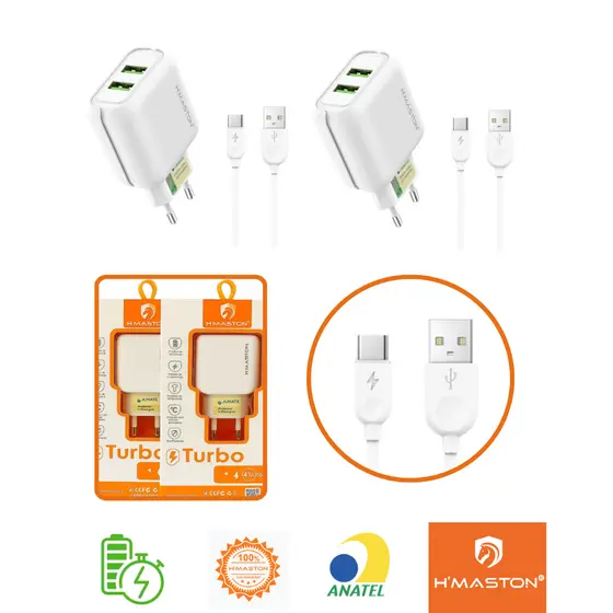 kit 2 Carregador Tipo C Turbo Com Cabo de 1 Metro