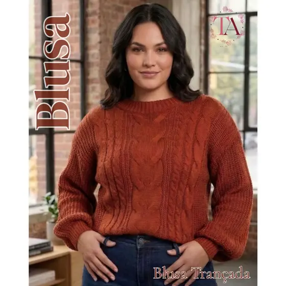 Blusa de Frio Suéter Feminino Tricot Trançada Canelado Gola Redonda Tricô Moda Inverno