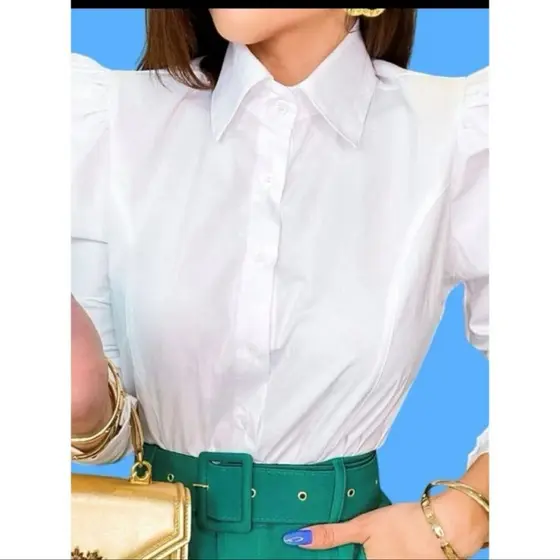 OU SHILI FASHION Camisa manga bufante branca