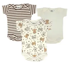 Kit Body Bebê Listrado Marrom OffWhite 100% Algodão Hipoalergênico Maternidade Enxoval