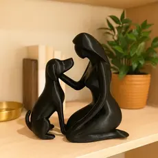Escultura Decorativa Mulher com Cachorro Arte Moderna Minimalista Escritório Sala Presente Criativo