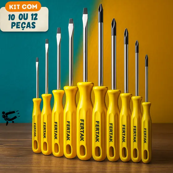 Jogo Chaves de Fenda e Phillips 10 Ou 12 Peças Kit De Chave Profissional Magnética Fertak