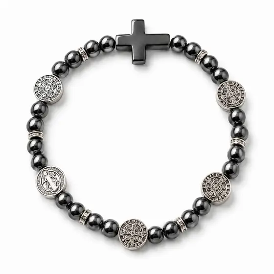 Pulseira Pedra Hematita São Bento Cruz Religiosa Proteção Fé Unissex