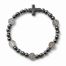 Pulseira Pedra Hematita São Bento Cruz Religiosa Proteção Fé Unissex