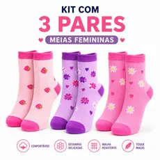 Kit 3, 6, 9 ou 12 Pares Meias Femininas Cano Alto Estampadas Macias Confortáveis Tam 35 ao 40 Cores e Estampas Sortidas