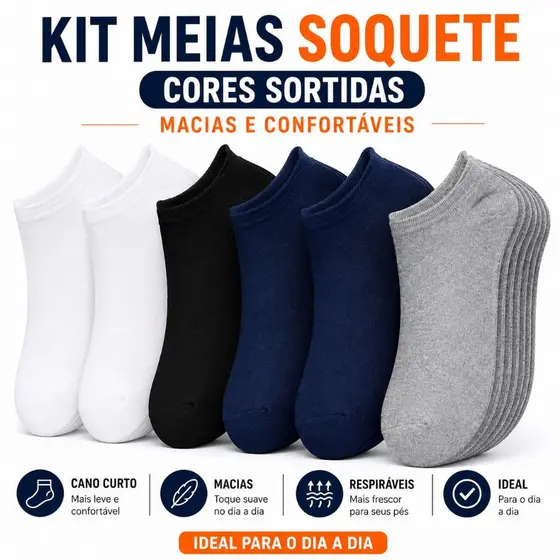 Kit 3, 6 ou 12 Pares Meias Soquete Masculina Cano Curto 40 ao 46 Premium Cores Sortidas Branco Preto Cinza Azul