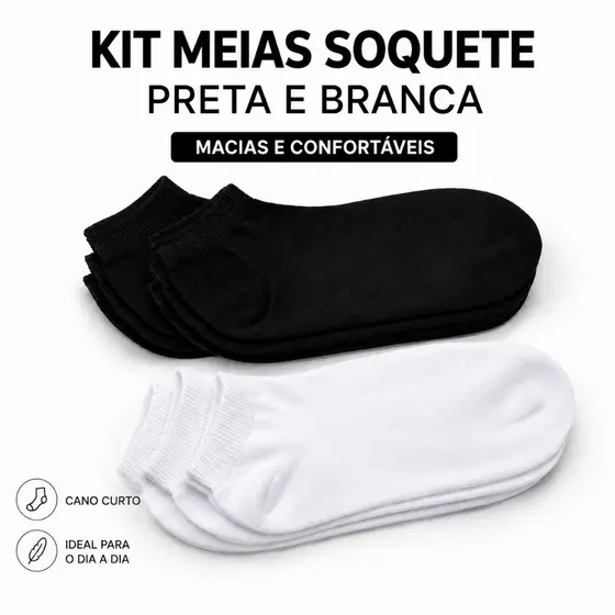 Kit 3, 6, 9 ou 12 Pares Meias Soquete Unissex Cano Curto Premium Branca e Preta Confortável