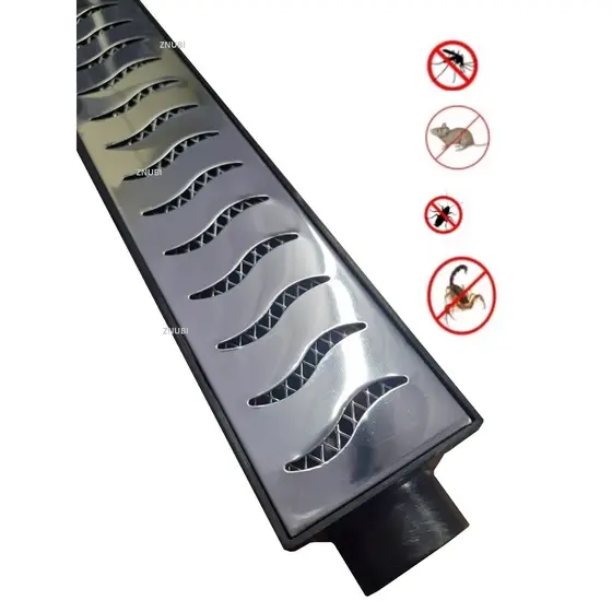 Ralo Linear 6x50cm Sifonado com Caixa Coletora Preta, Tela Anti Insetos Em Aço Inox Polido