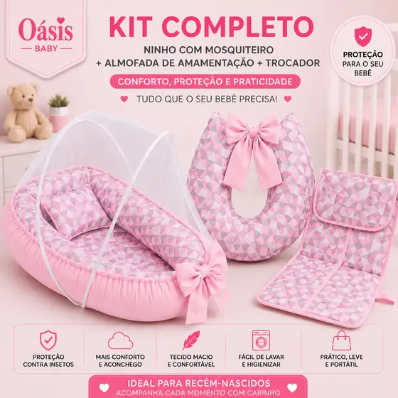 Kit Ninho c/ Mosquiteiro + Almofada Amamentação + Trocador de Fraldas