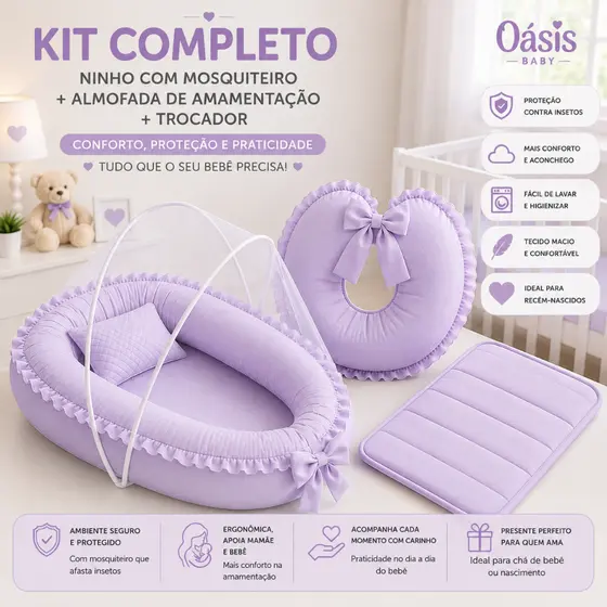 Kit Ninho c/ Mosquiteiro + Almofada Amamentação + Trocador de Fraldas - Liso com Babado