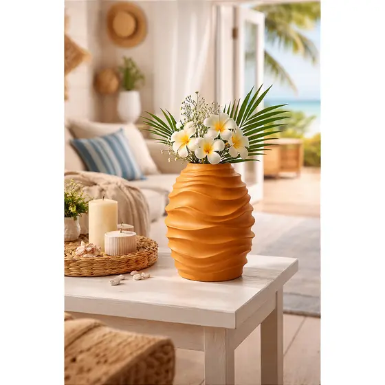 Vaso Ondas Decorativo Ocre Grande em Cerâmica