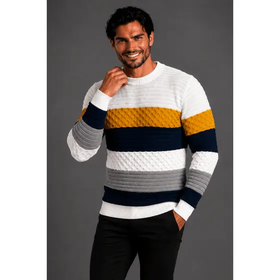 Suéter Masculino Listrado Gola Redonda Blusa de Frio Masculina Casual Texturizada