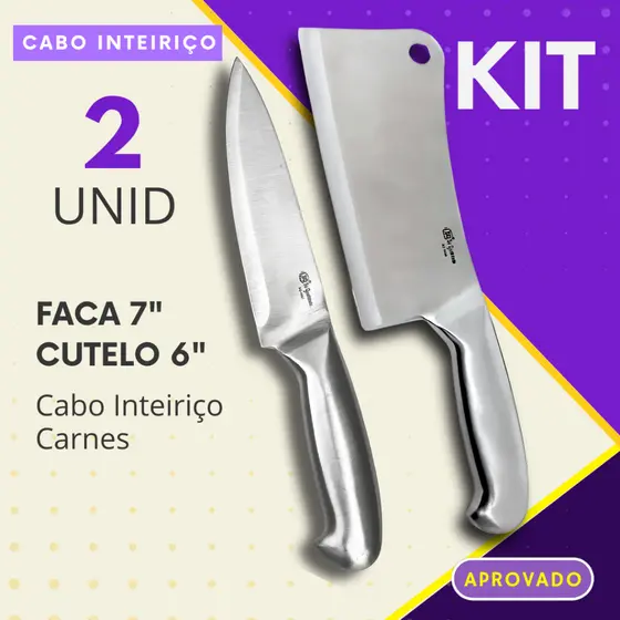 Jogo 2 Peças- Cutelo e Faca Inox Inteiriço Profissional para Açougue Cozinha Churrasco