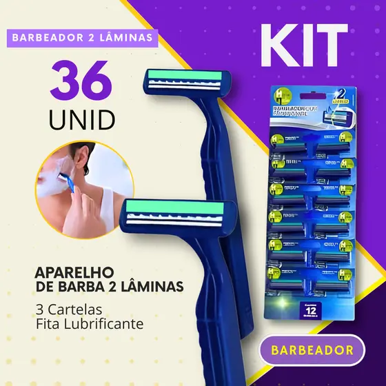Barbeador Kit 12, 24 ou 36 unid 2 Laminas Aparelho de Barba Descartavel