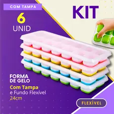 Forma de Gelo Kit 6, 4 ou 3 P eças Com Tampa Higiênica e Fundo Flexível de Silicone Colorida