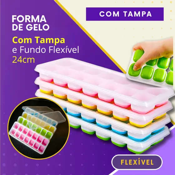 Formas de Gelo Fundo Flexível de Silicone Colorida Com Tampa Higiênica Forminha
