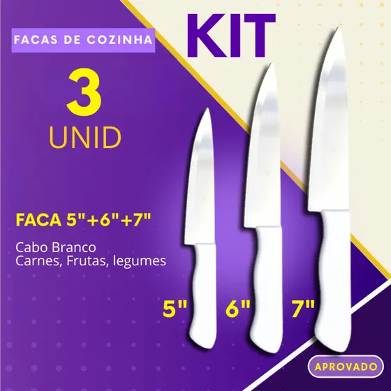 Kit 3, 2 - Facas Aço Inox Cabo Branco Cozinha Churrasco Açougue Donas de Casa