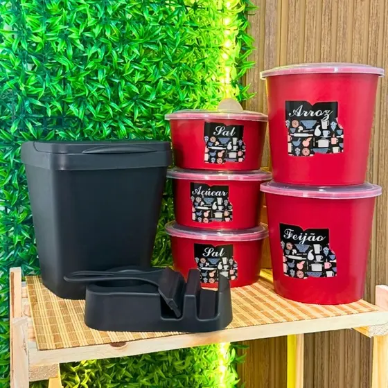 Kit Cozinha Completo – 5 Porta Mantimentos + Porta Detergente e Lixeira de Pia | Organização Total