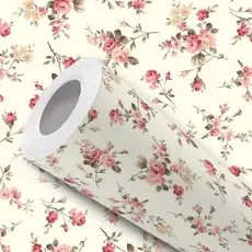 Papel de Parede Adesivo Flores Rosas Fundo Bege Fácil Instalação