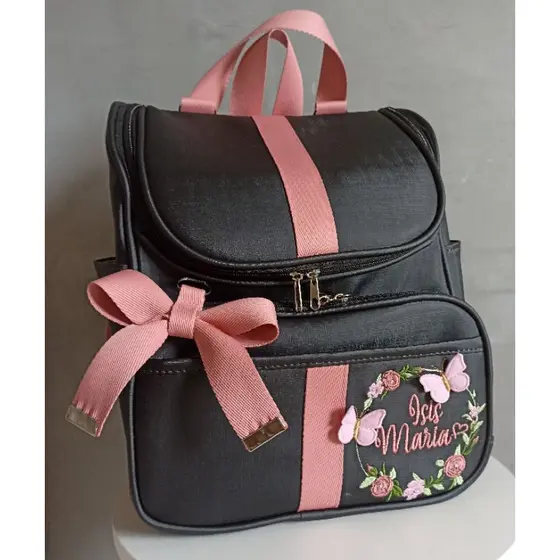 Mochila 2 em 1 Maternidade Preta com Coral Borboletas