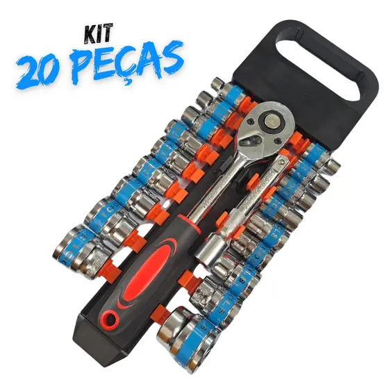 KIT 20 Ferramentas Chave Catraca 1/2 CrV Soquetes 8MM a 30MM com Extensor 5 Pol Profissional Robusto